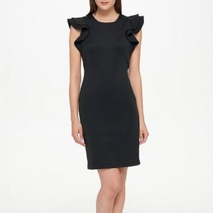Tommy Hilfiger Scuba Crew Neck Flutter Ruffle Cap Sleeve Sheath Dress